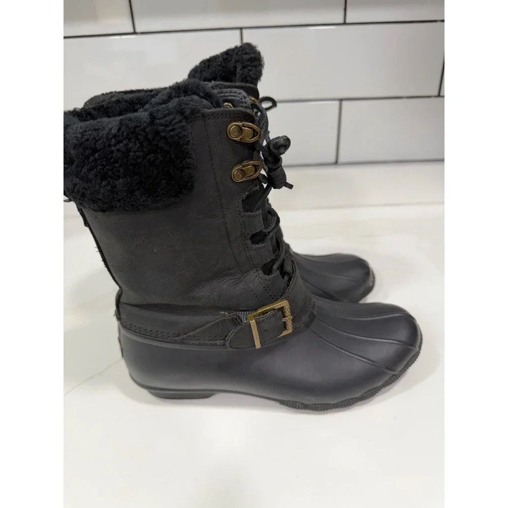 Sperry Saltwater Black‎ Leather Duck Boots 3M Thinsulate Fur Trim Womens 8
